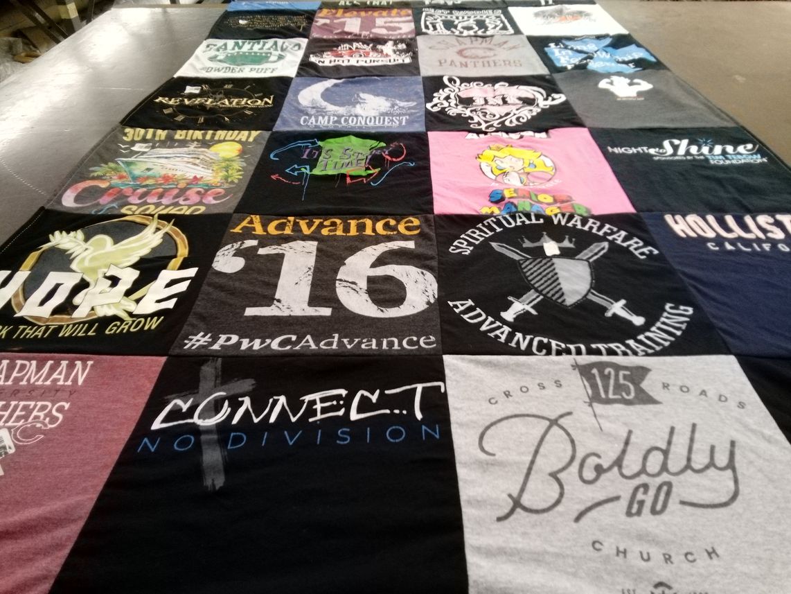 T-shirt quilt with camping, spirituality themes by Lisa from CA
