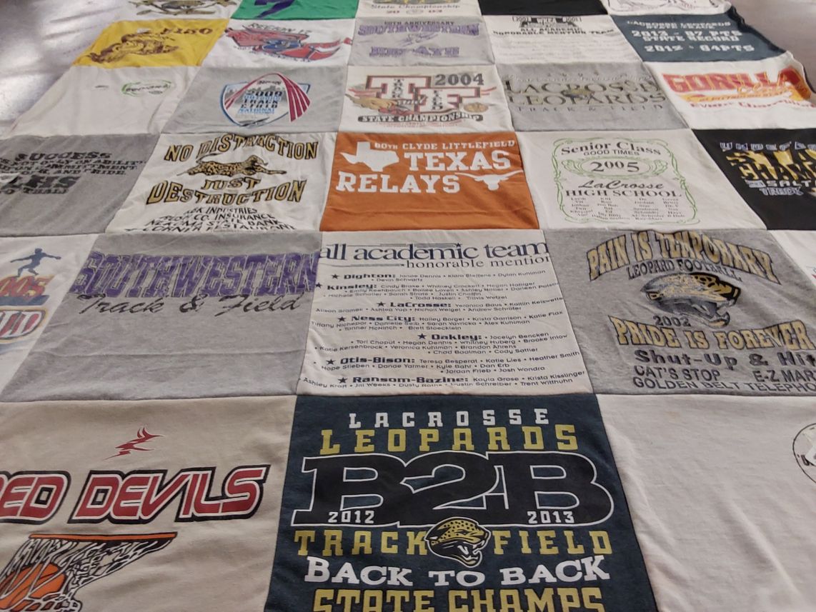 T-shirt quilt featuring southwestern track and field, lacrosse leopards by Ruth from KS