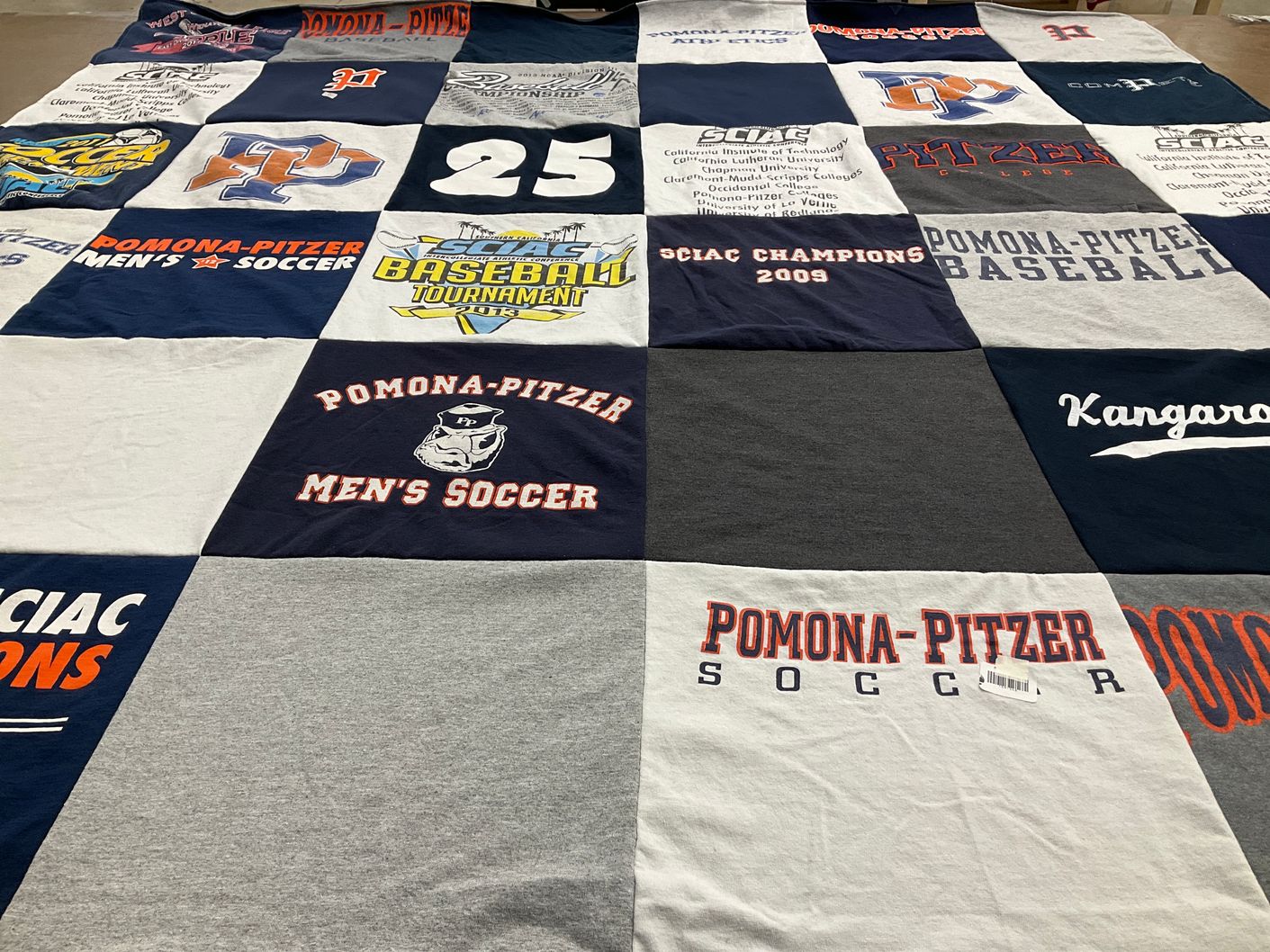 T-shirt quilt featuring pomona-pitzer men's soccer, pomona-pitzer baseball by Alison from CA