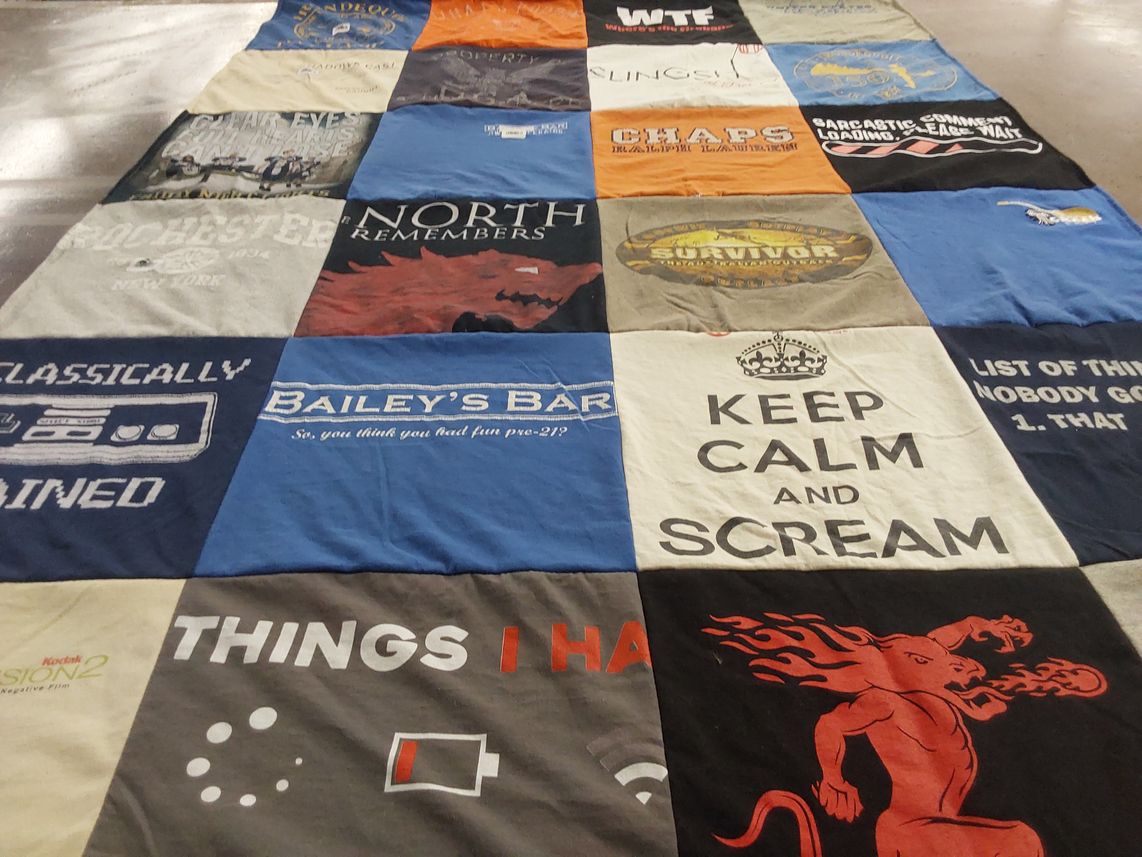 T-shirt quilt with pop culture, humor themes by Jason from NY
