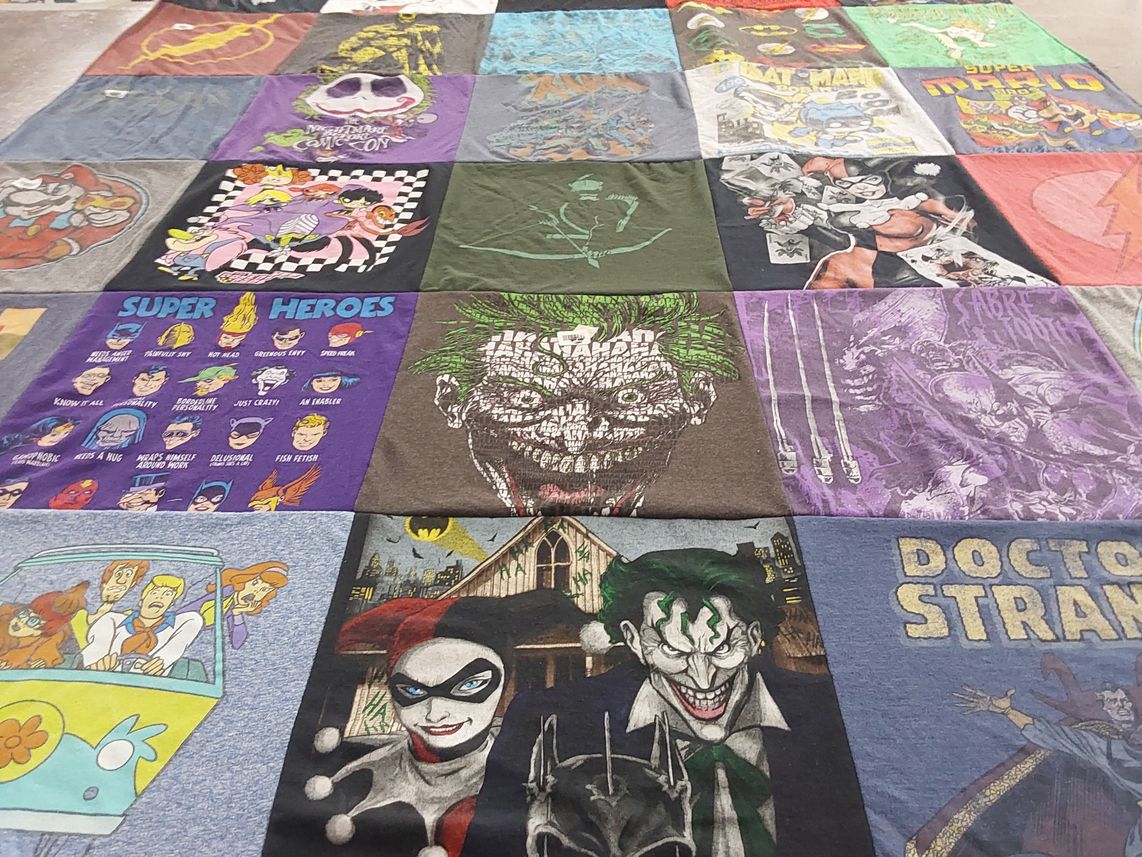 T-shirt quilt with comic books, superheroes themes by Jacqueline from TN