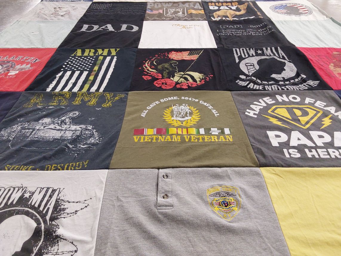 T-shirt quilt with military, veterans themes by Keri from FL