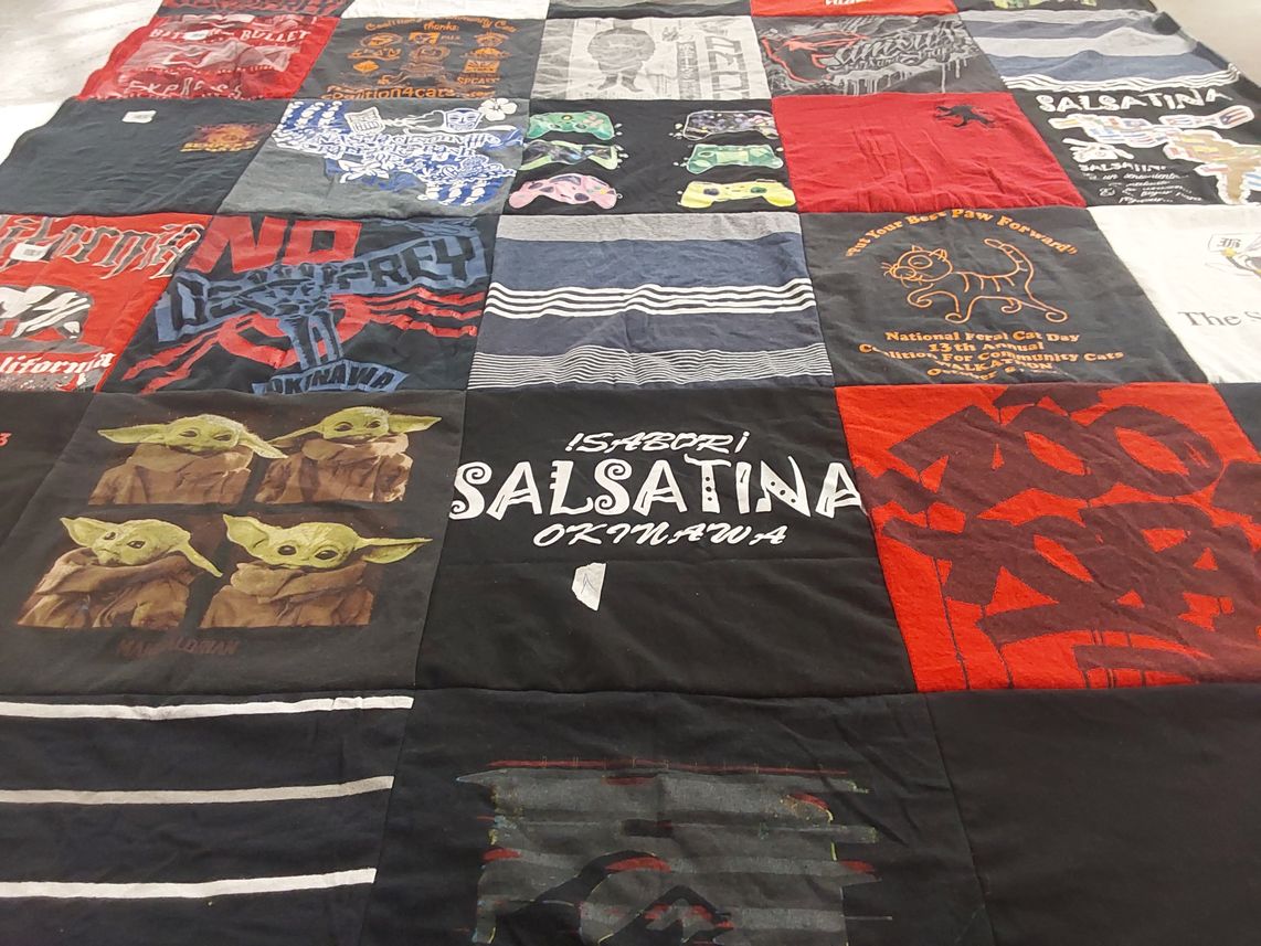T-shirt quilt with cats, gaming themes by Pamela from CA