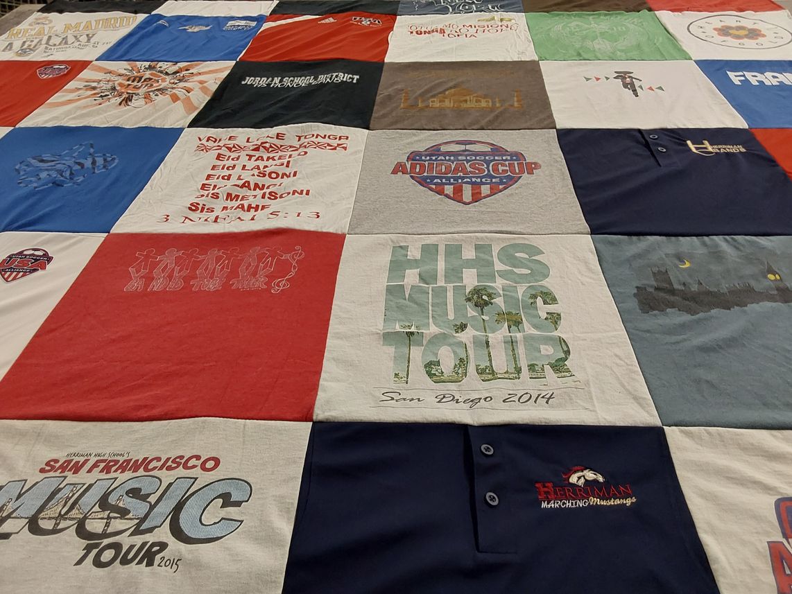 T-shirt quilt featuring marching mustangs by Sandra from UT