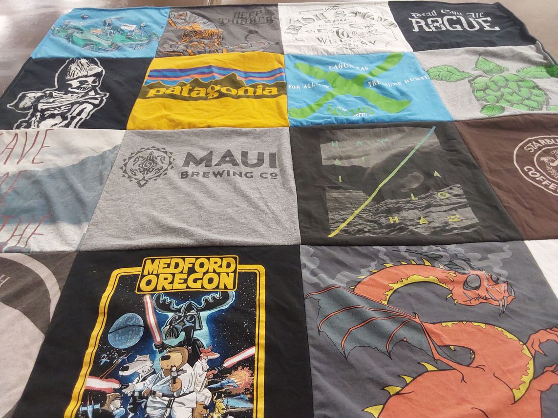 T-shirt quilt with craft beer, outdoor clothing themes by Brett from CA