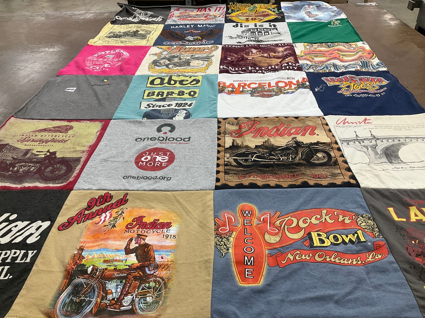 T-shirt quilt with motorcycles, food themes by Eric from FL