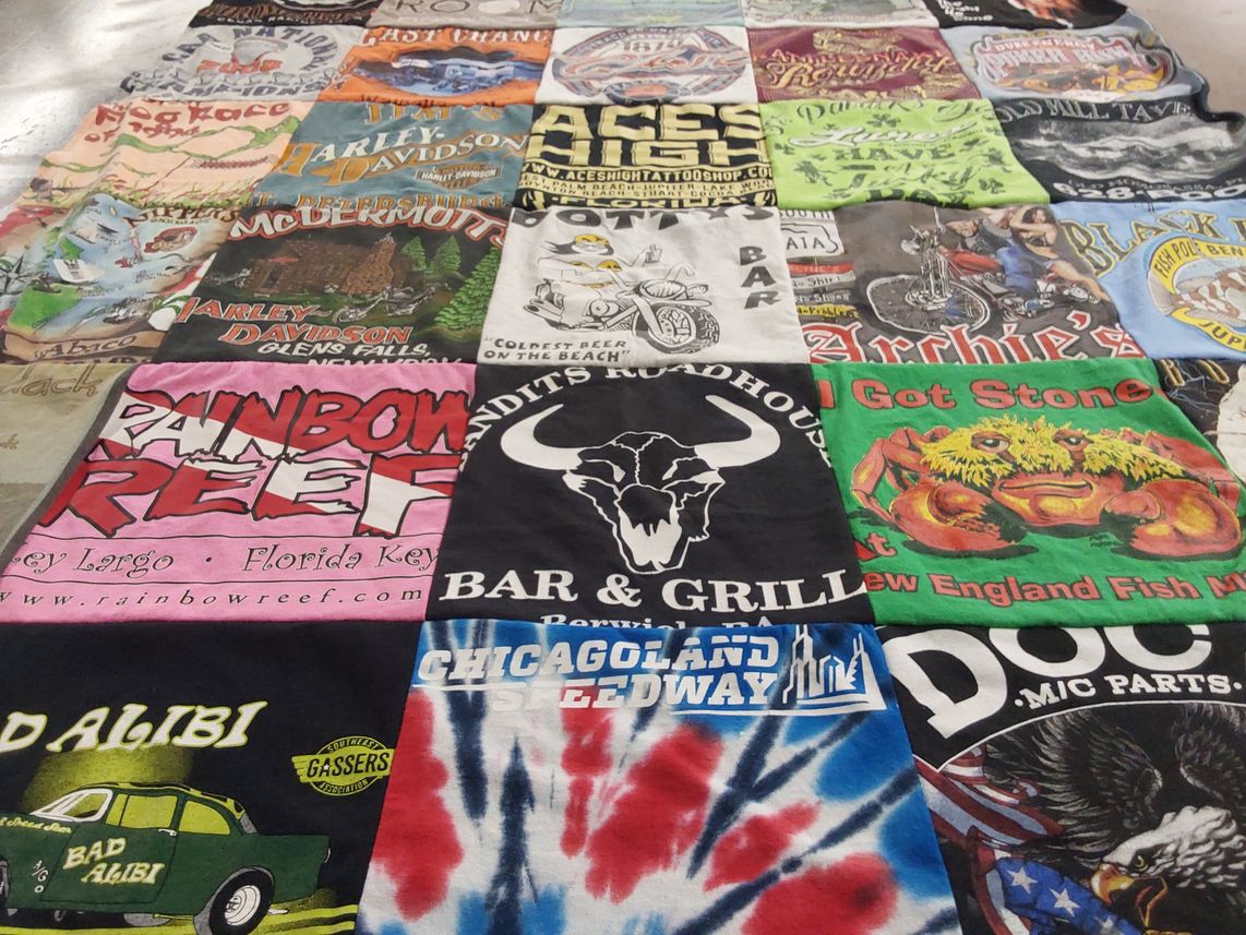 T-shirt quilt with motorcycles, tattoos themes by Mary Ann from FL