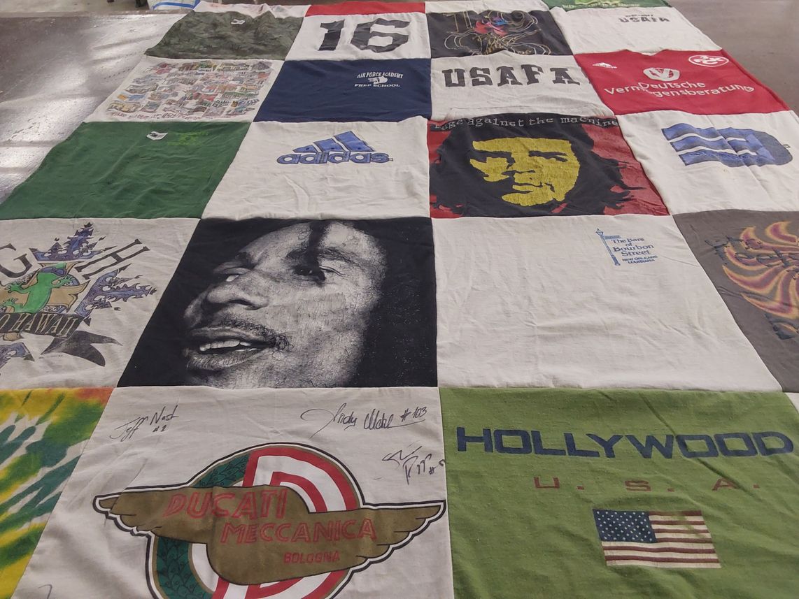 T-shirt quilt with music, automobiles themes by Jason from IN