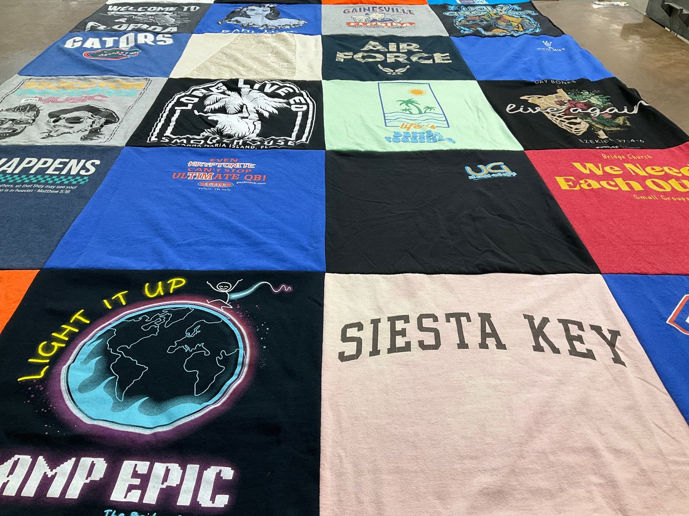 T-shirt quilt with outdoor activities, camping themes by Constance from FL