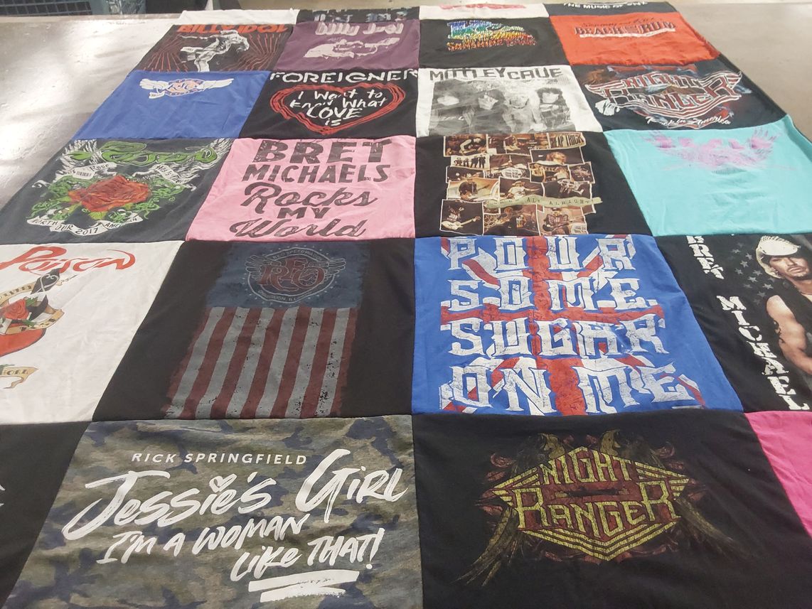 T-shirt quilt with rock music, 80s music themes by Lori from FL