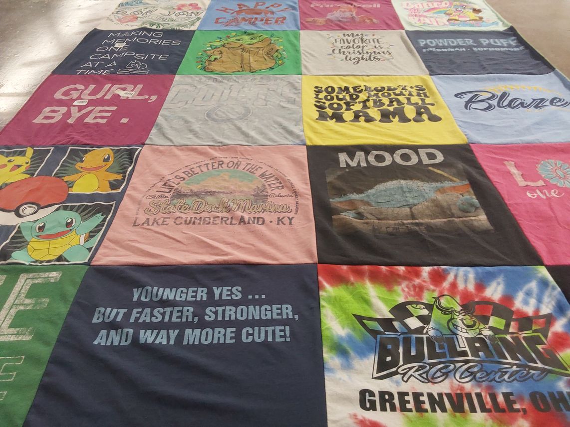 T-shirt quilt with camping, softball themes by Michelle from OH