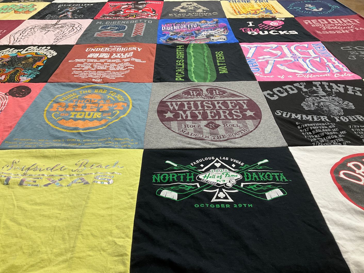 T-shirt quilt with country music, music festivals themes by Trista from ND