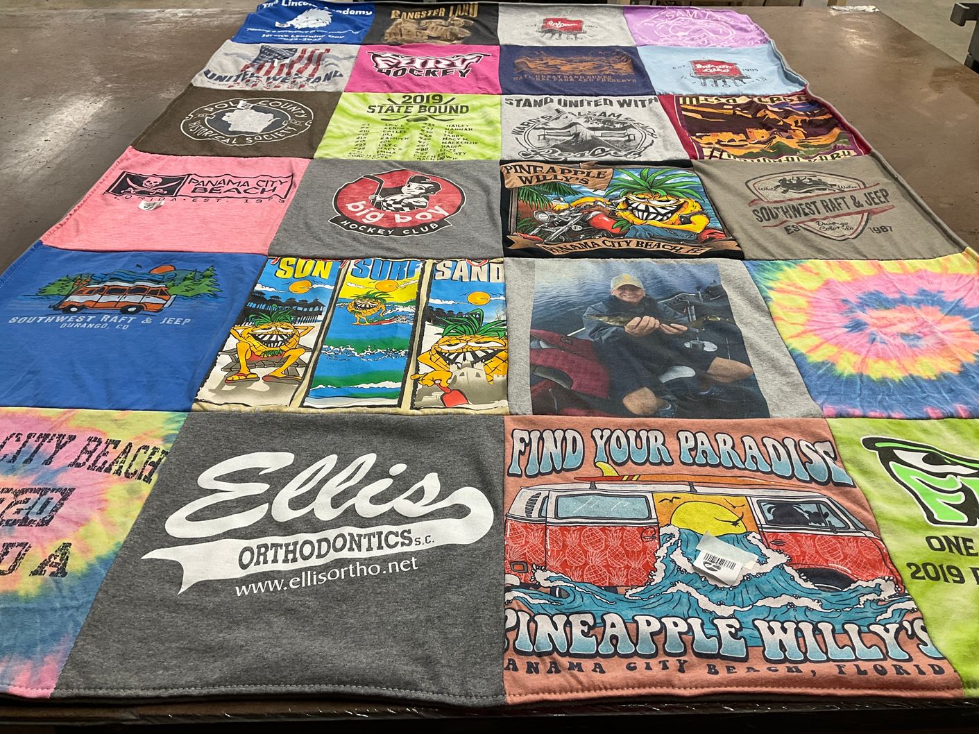 T-shirt quilt with beach, rafting themes by Kim from WI