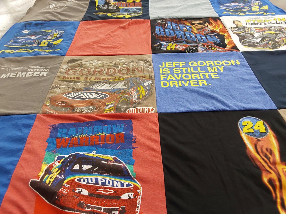 T-shirt quilt with nascar, racing themes by Kathy from MO