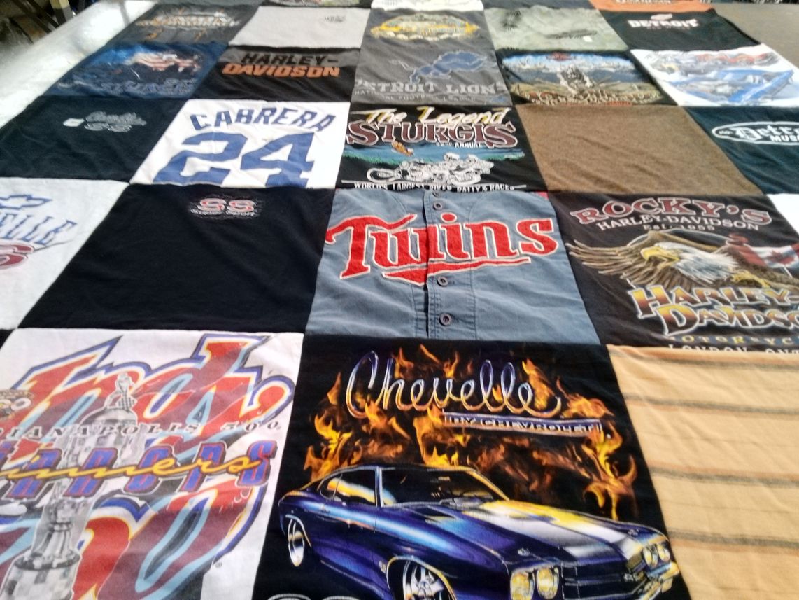 T-shirt quilt with motorsports, collectibles themes by Debra from IA