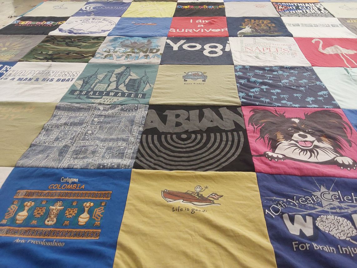 T-shirt quilt with fishing, travel themes by Cherri from CA