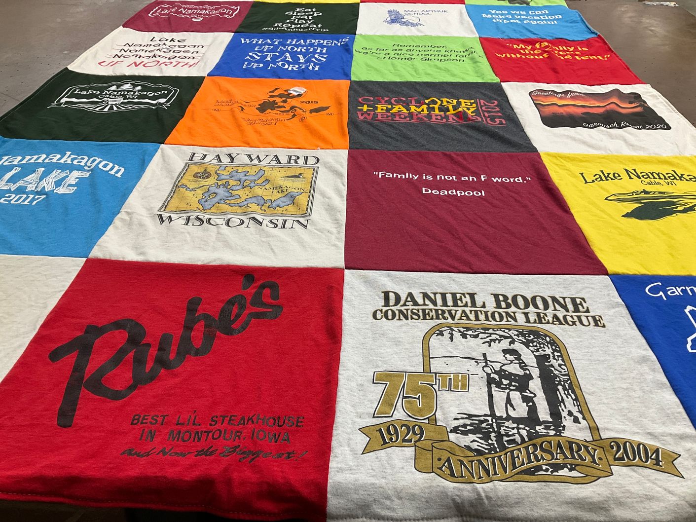 T-shirt quilt with outdoor activities, family gatherings themes by Kara from WI