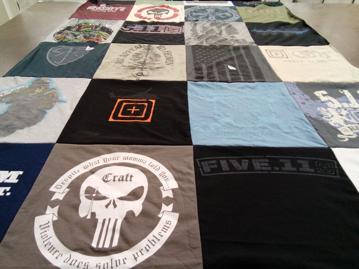 T-shirt quilt with military, outdoor themes by Maria from FL