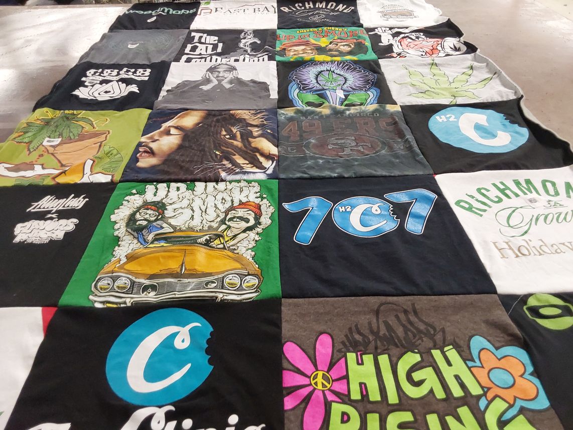 T-shirt quilt with cannabis, music themes by Anjelica from CA