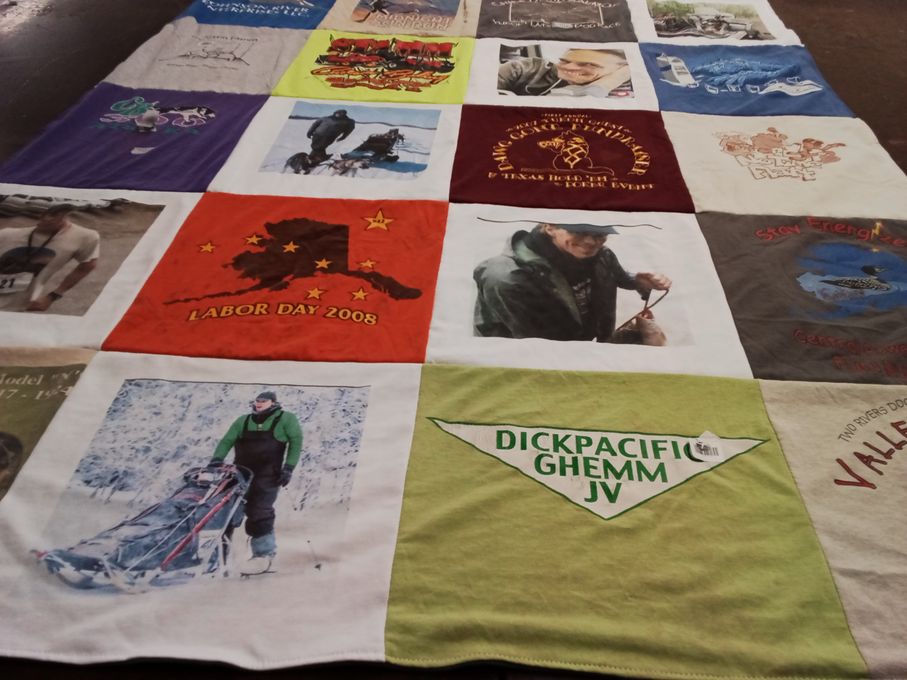 T-shirt quilt with outdoor activities, fishing themes by Joellen from AK
