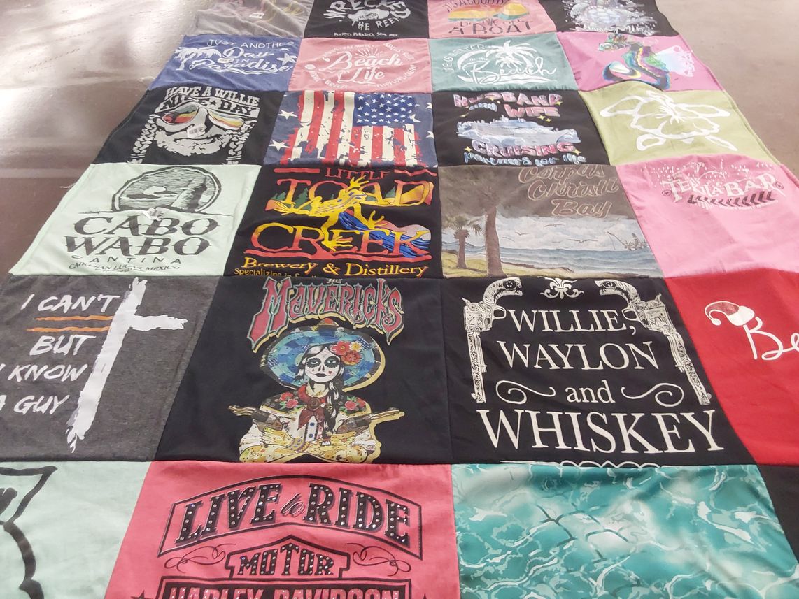 T-shirt quilt with texas, harley davidson themes by Andrew from AZ