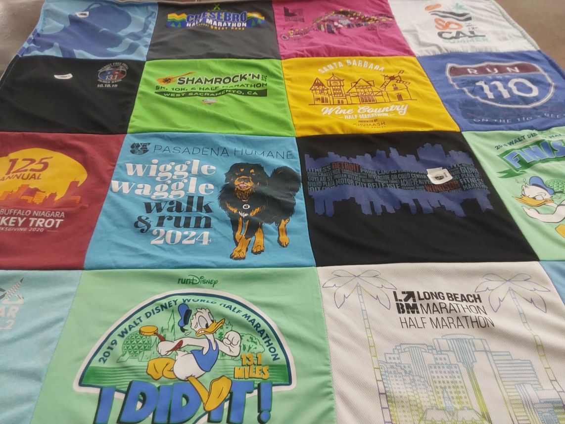 T-shirt quilt with running, fitness themes by Linda from CA