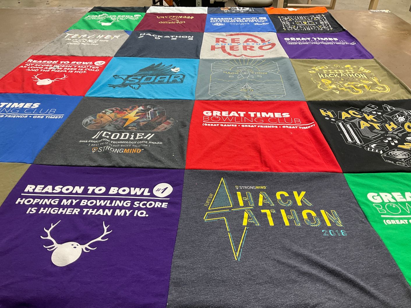 T-shirt quilt with bowling, technology themes by Emily from AZ
