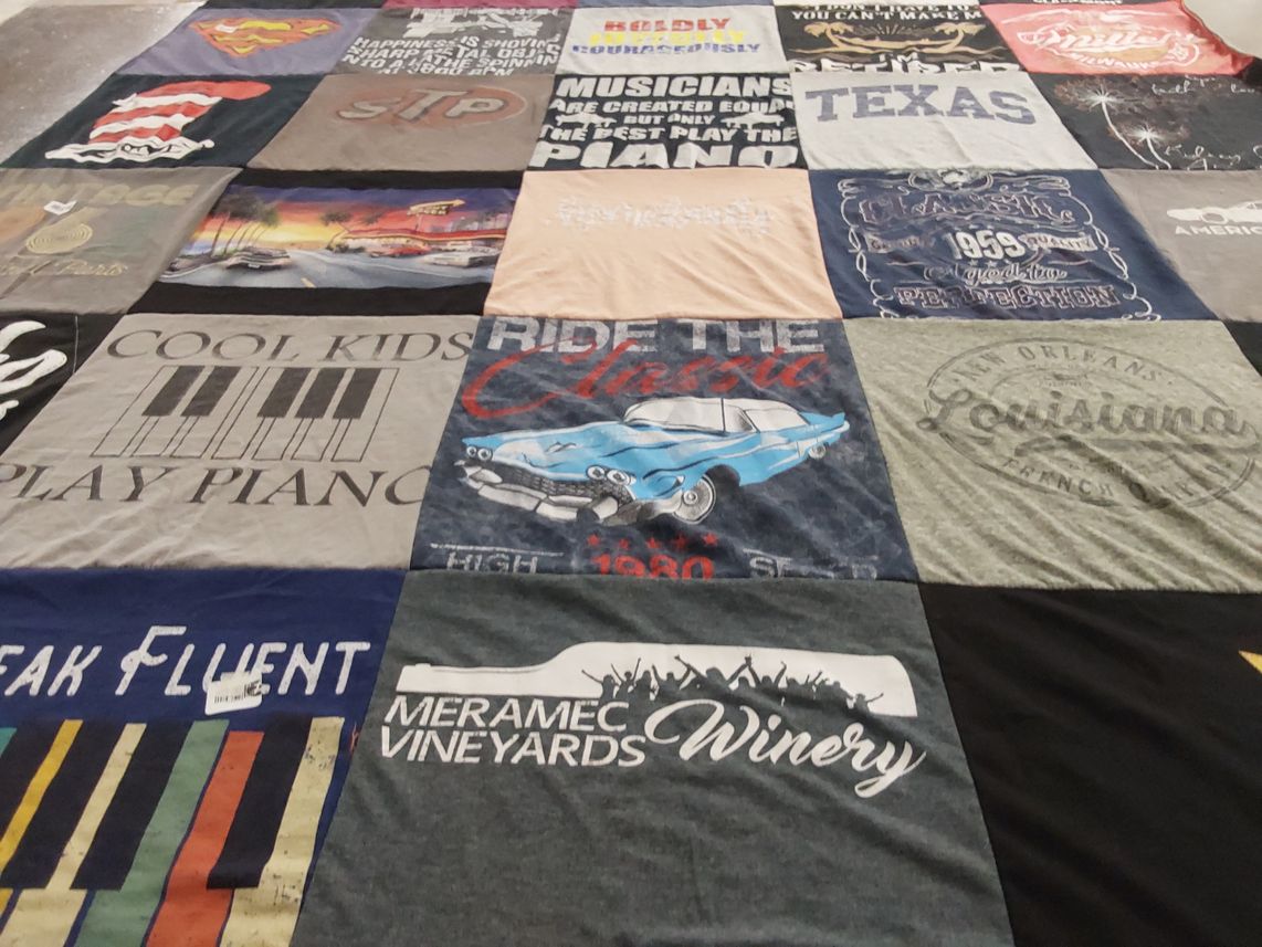 T-shirt quilt with music, cars themes by Junette from MO