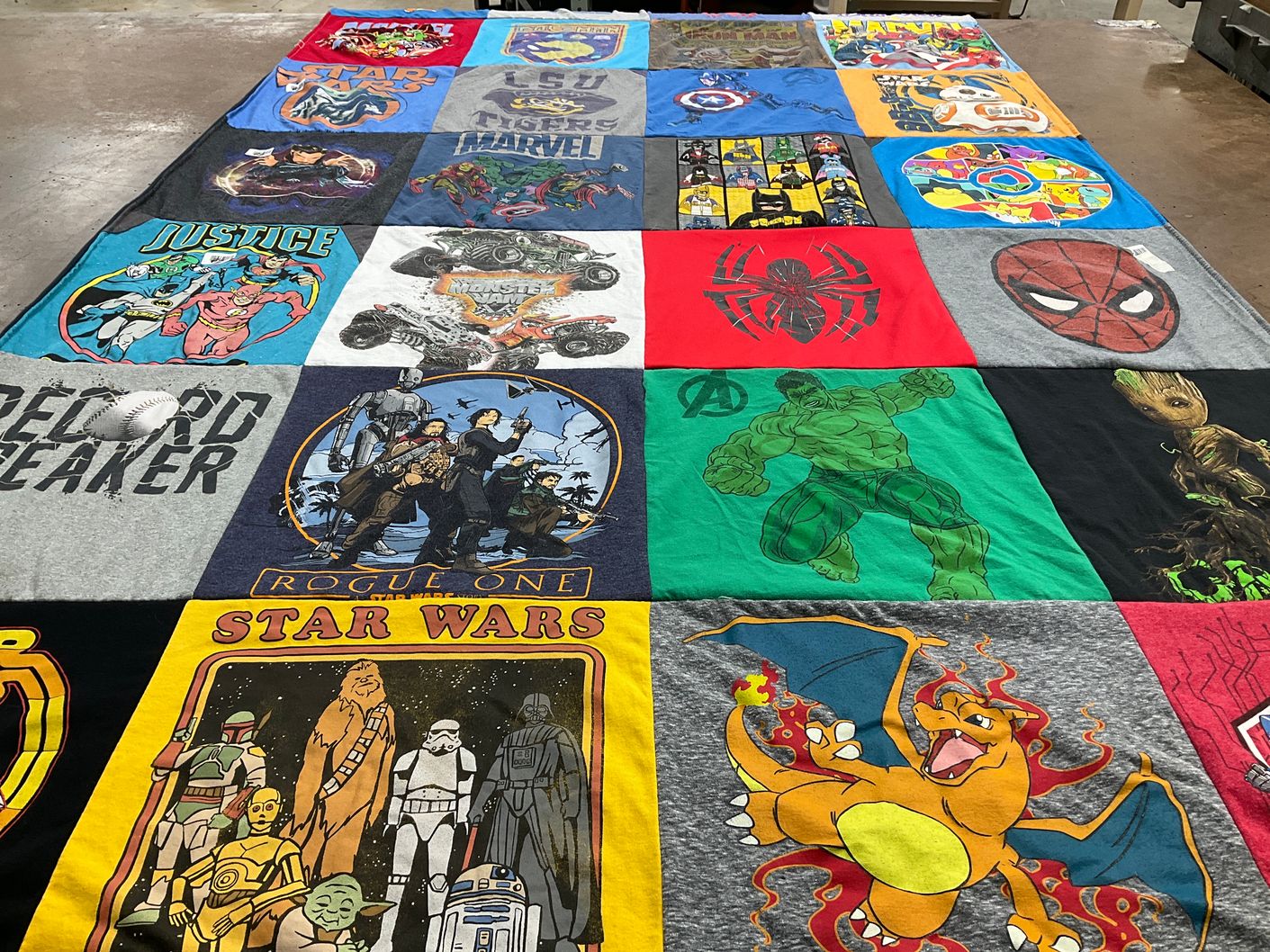 T-shirt quilt with superheroes, star wars themes by Kelly from LA