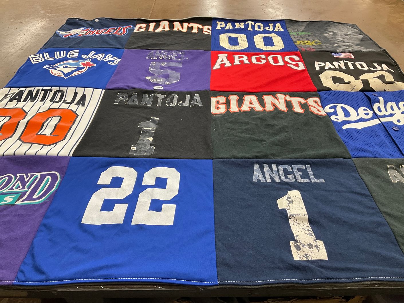 T-shirt quilt with baseball themes by Inez from CA
