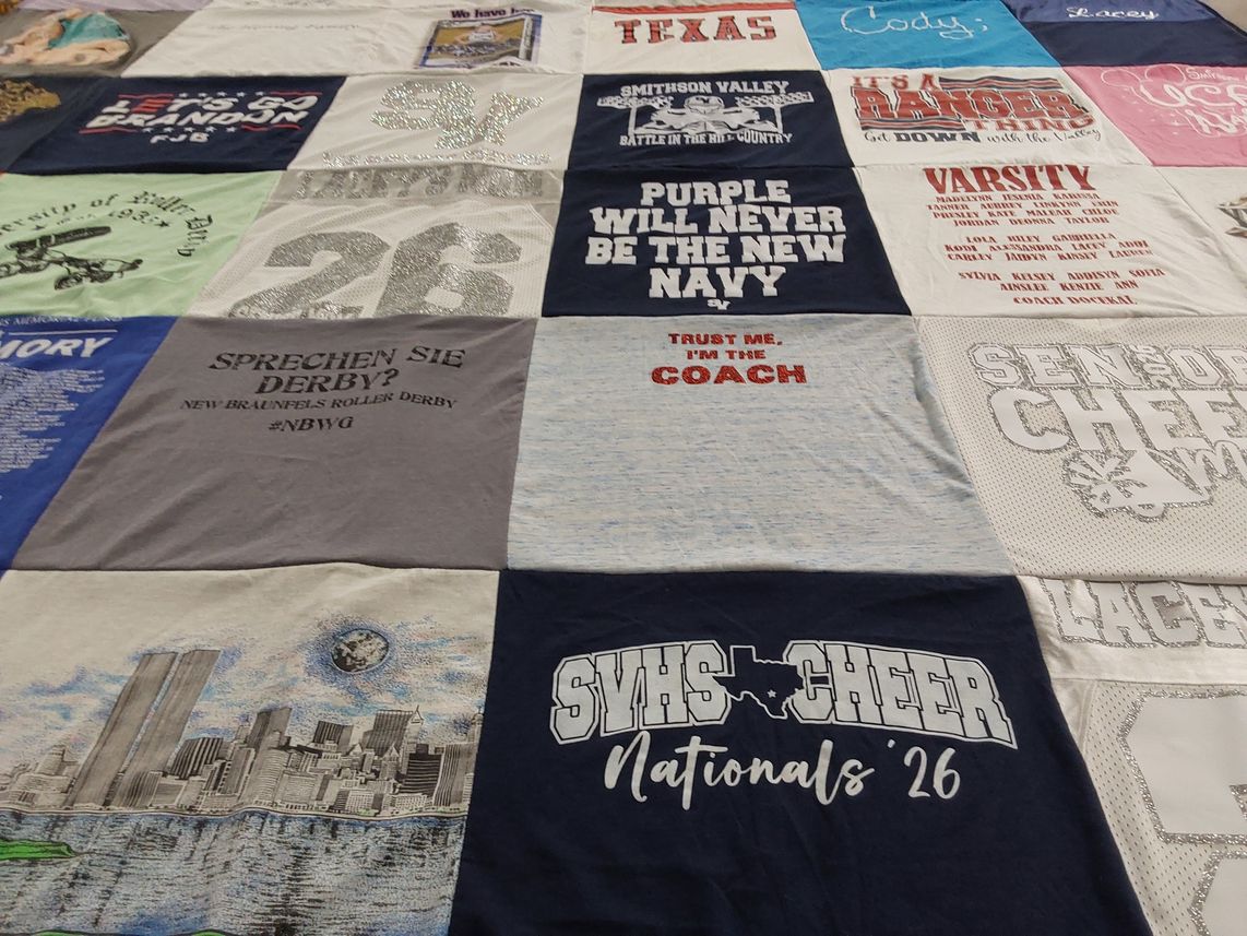T-shirt quilt featuring smithson valley high school cheer by Kathy from TX