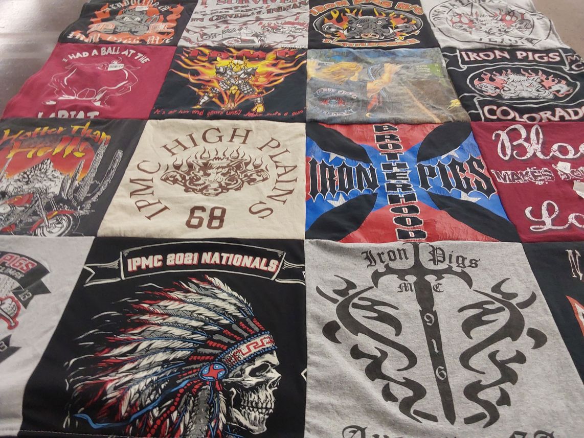 T-shirt quilt with motorcycles, biker culture themes by Dave from IA