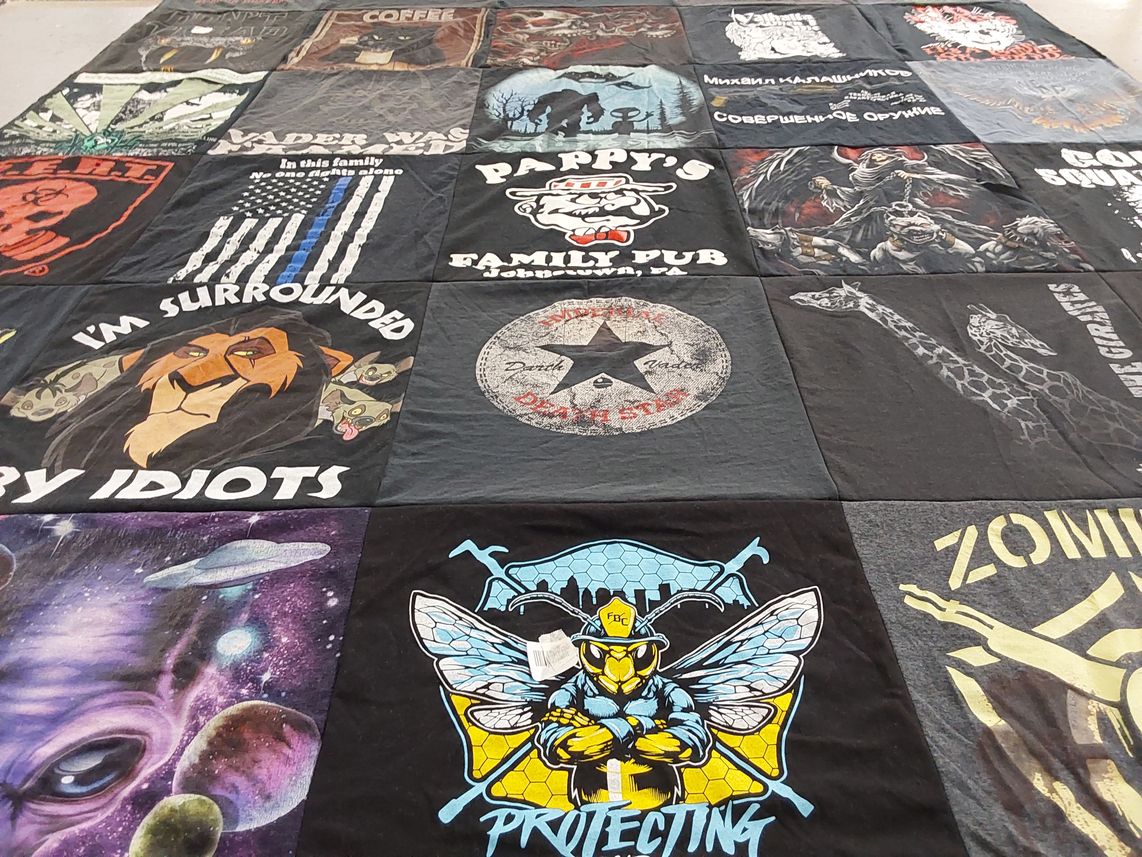 T-shirt quilt with humor, graphic tees themes by Bill from PA