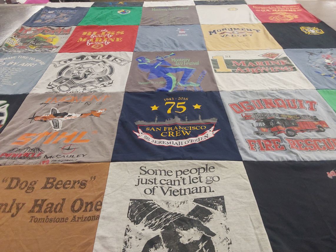 T-shirt quilt with music, firefighting themes by Kecia from CA
