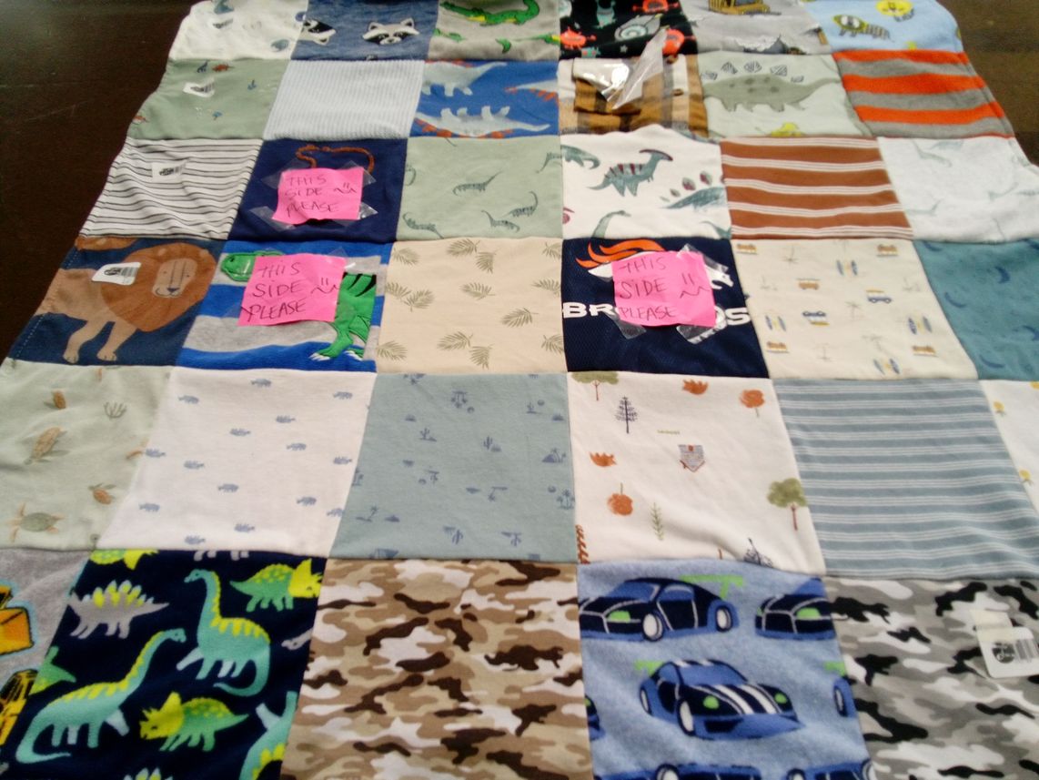 T-shirt quilt with dinosaurs, animals themes by Lynda from HI