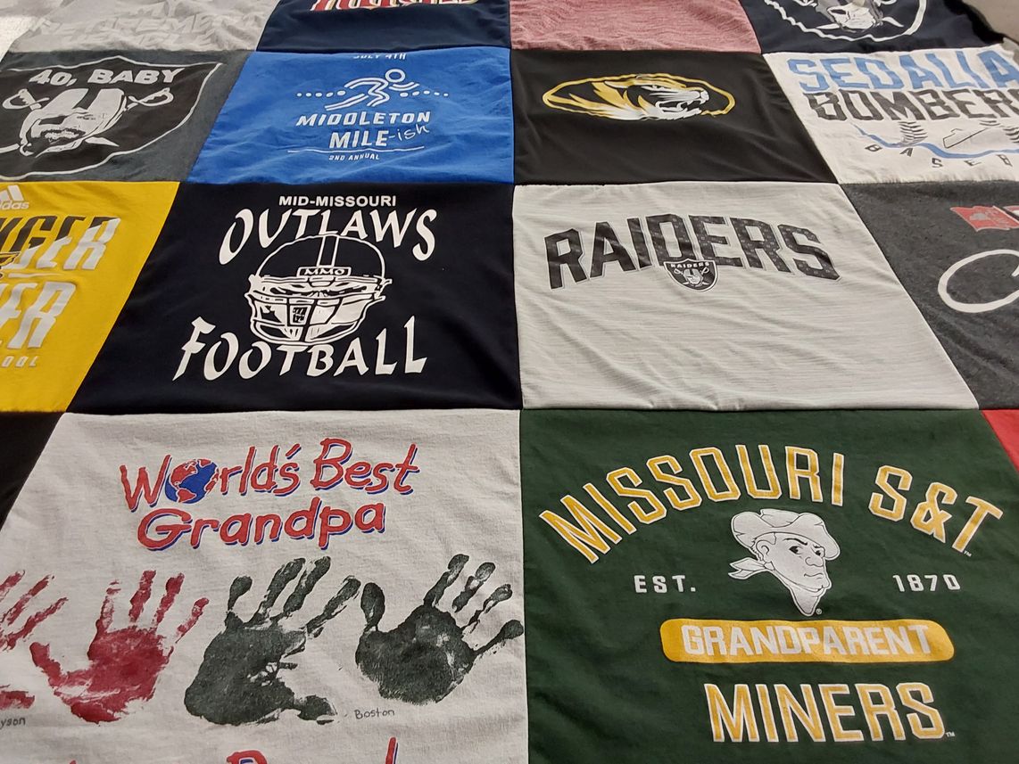 T-shirt quilt featuring raiders, sedalia bombers by Lynn from MO
