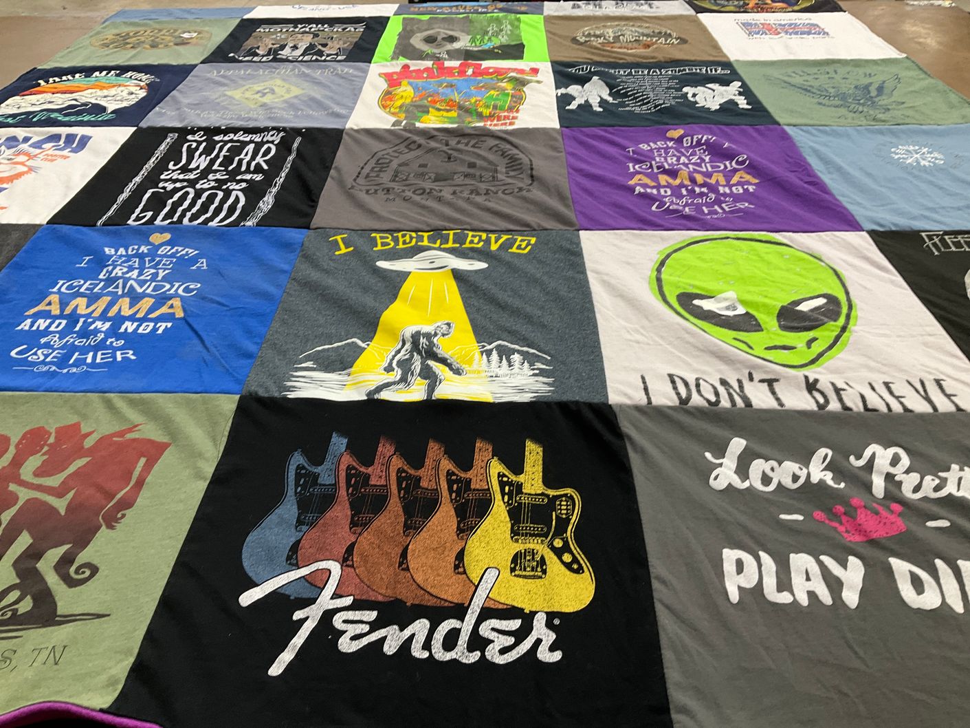 T-shirt quilt with music, aliens themes by Staci from MD