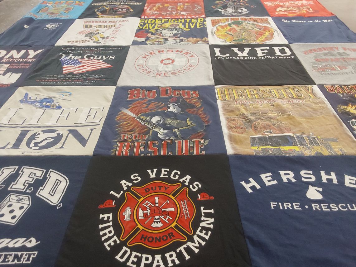 T-shirt quilt with firefighting, safety themes by Brooke from PA