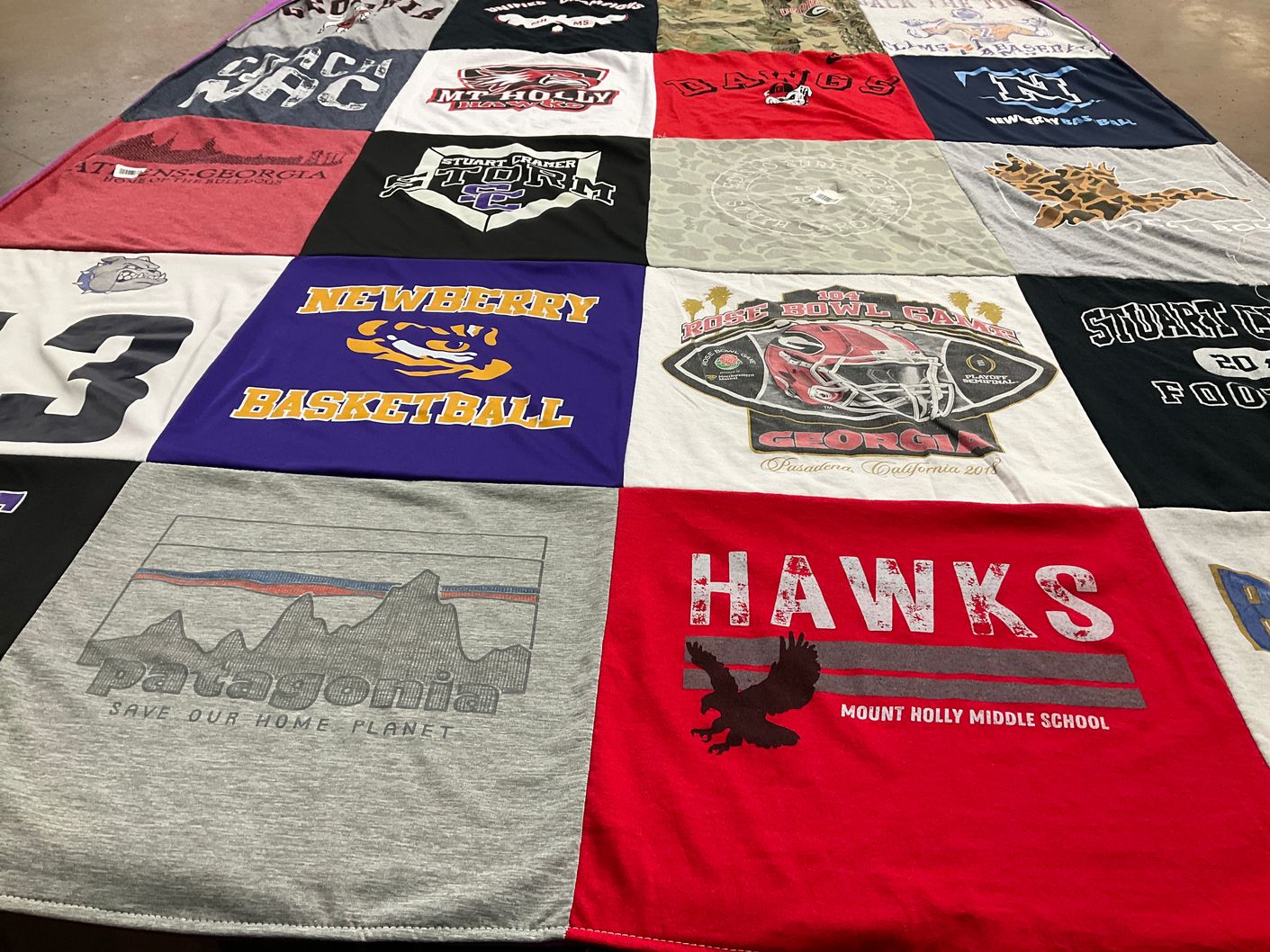T-shirt quilt featuring newberry college basketball, mount holly middle school hawks by Jessica from NC
