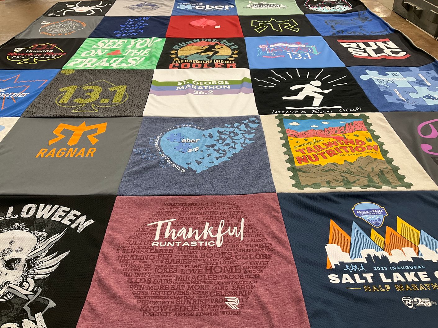 T-shirt quilt with running, fitness themes by Thane from UT