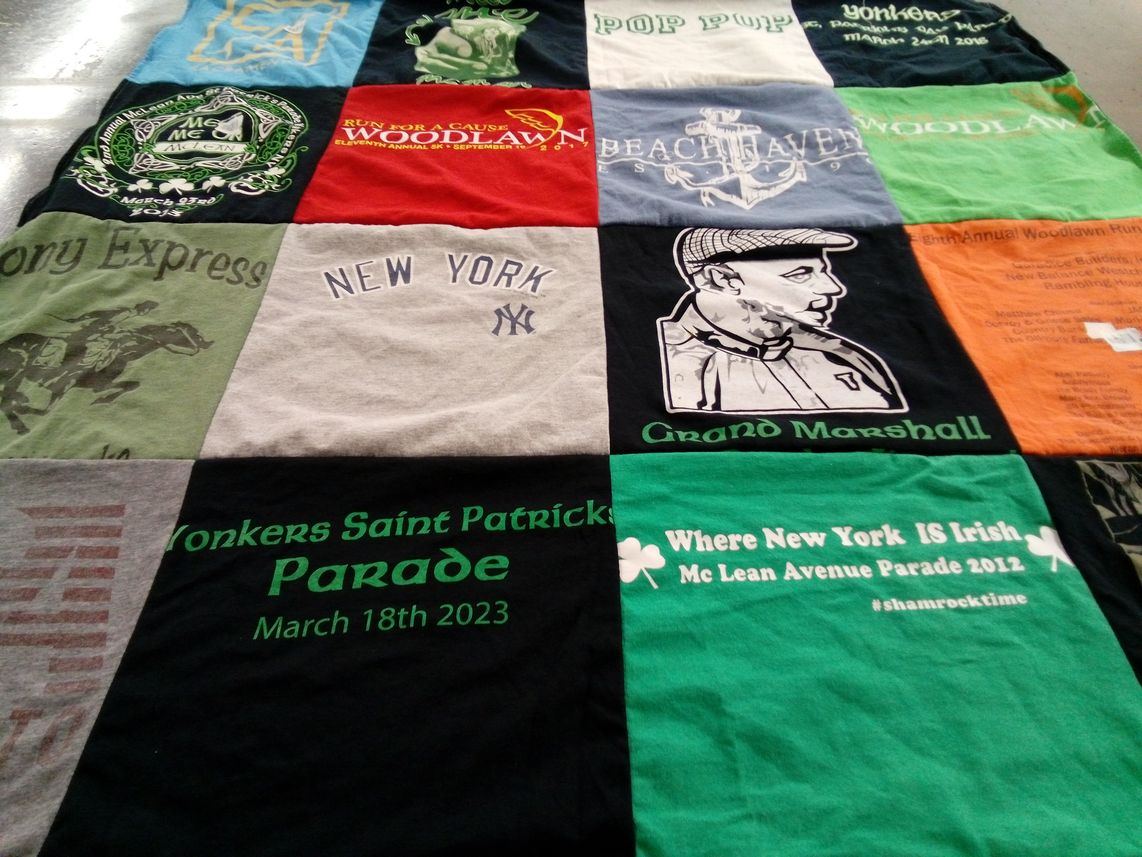 T-shirt quilt with parades, irish culture themes by Theresa from NY