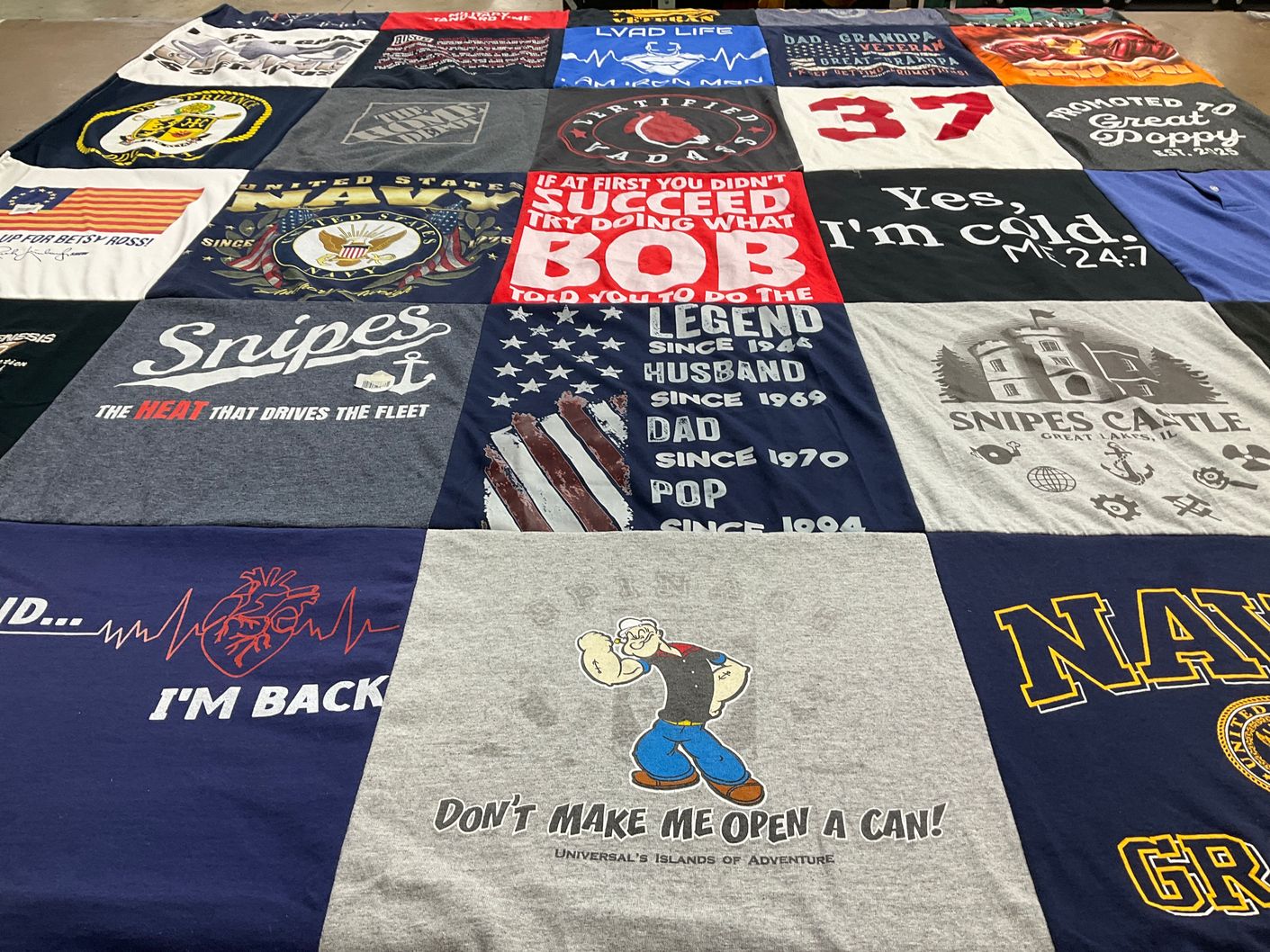 T-shirt quilt with military, humor themes by Janet from FL