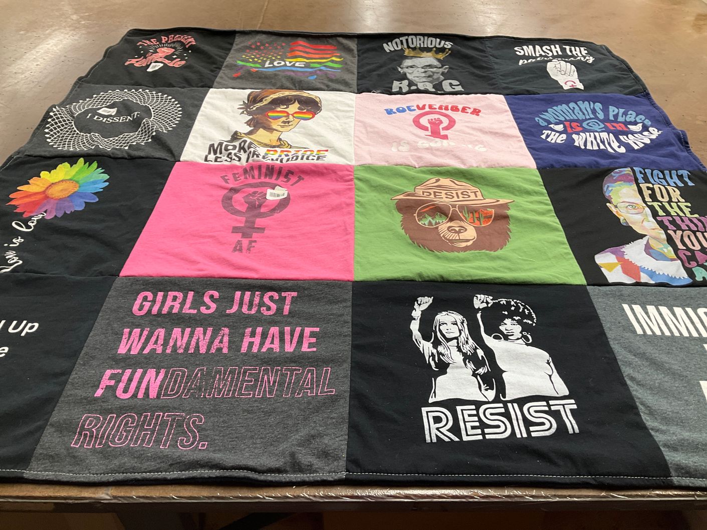 T-shirt quilt with feminism, activism themes by Joseph from PA