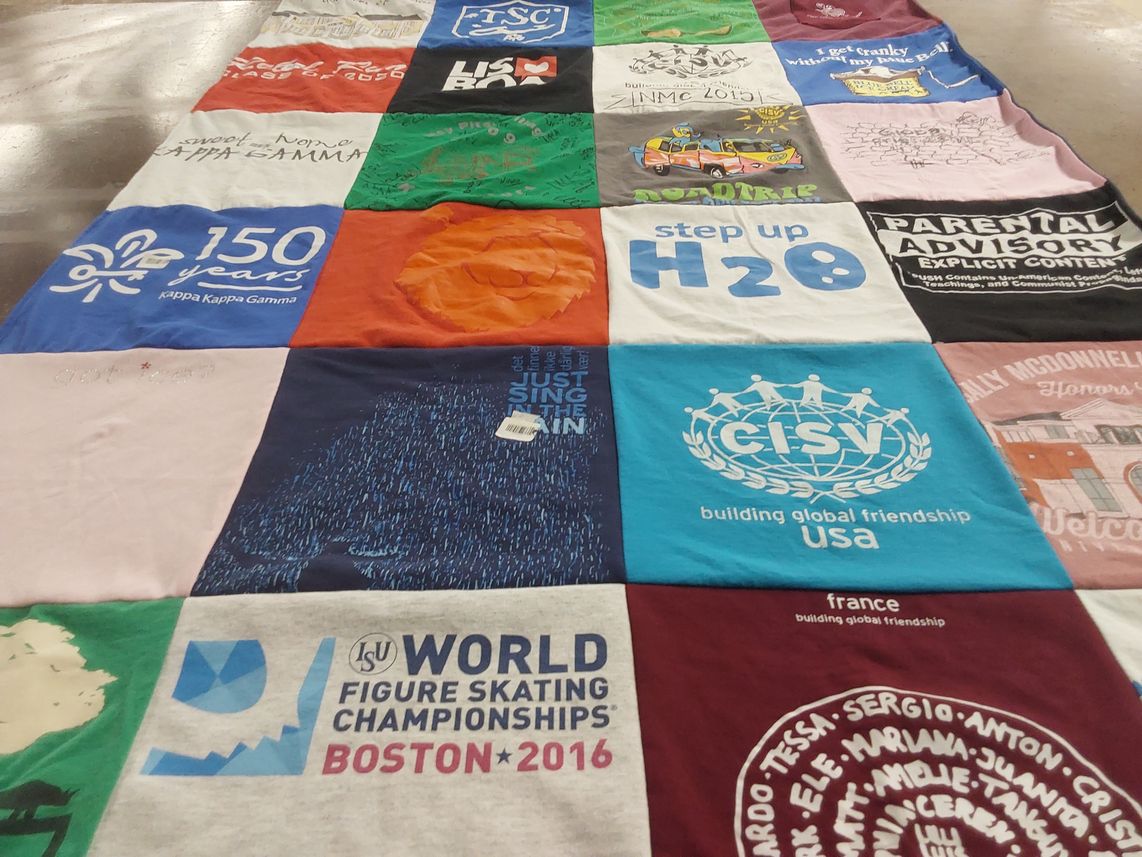 T-shirt quilt with skating, friendship themes by Lealie from TX