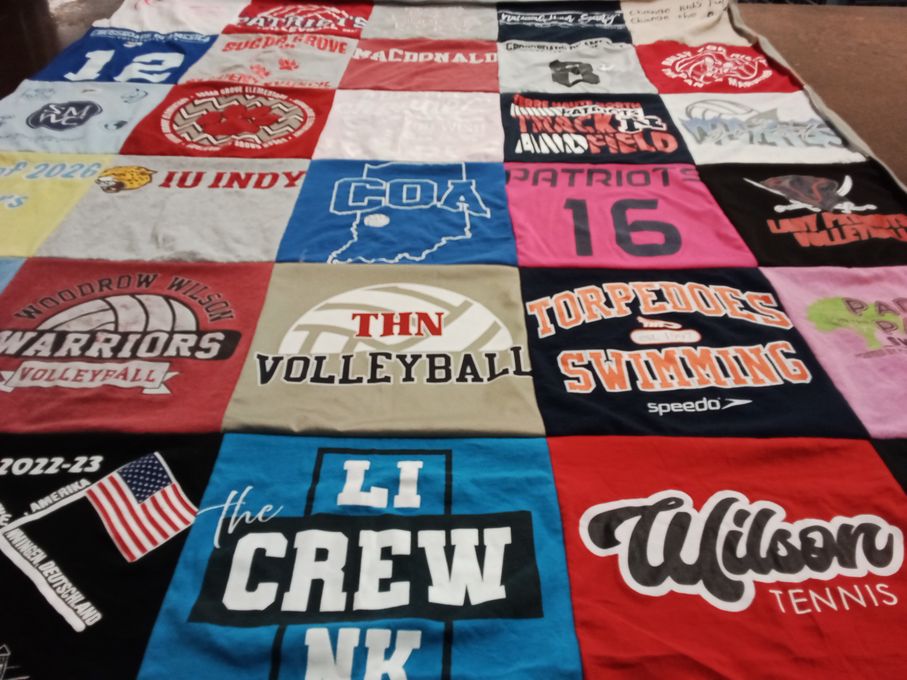 T-shirt quilt featuring indiana university indianapolis swimming team, woodrow wilson high school volleyball team by Tara from IN