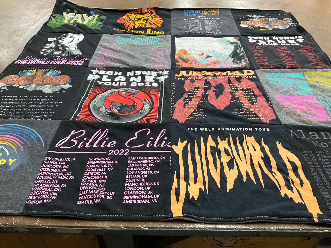 T-shirt quilt with music, concerts themes by Heidi from IL
