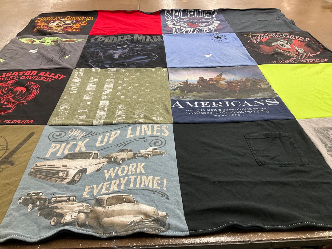 T-shirt quilt with motorcycles, superheroes themes by Courtney from TX