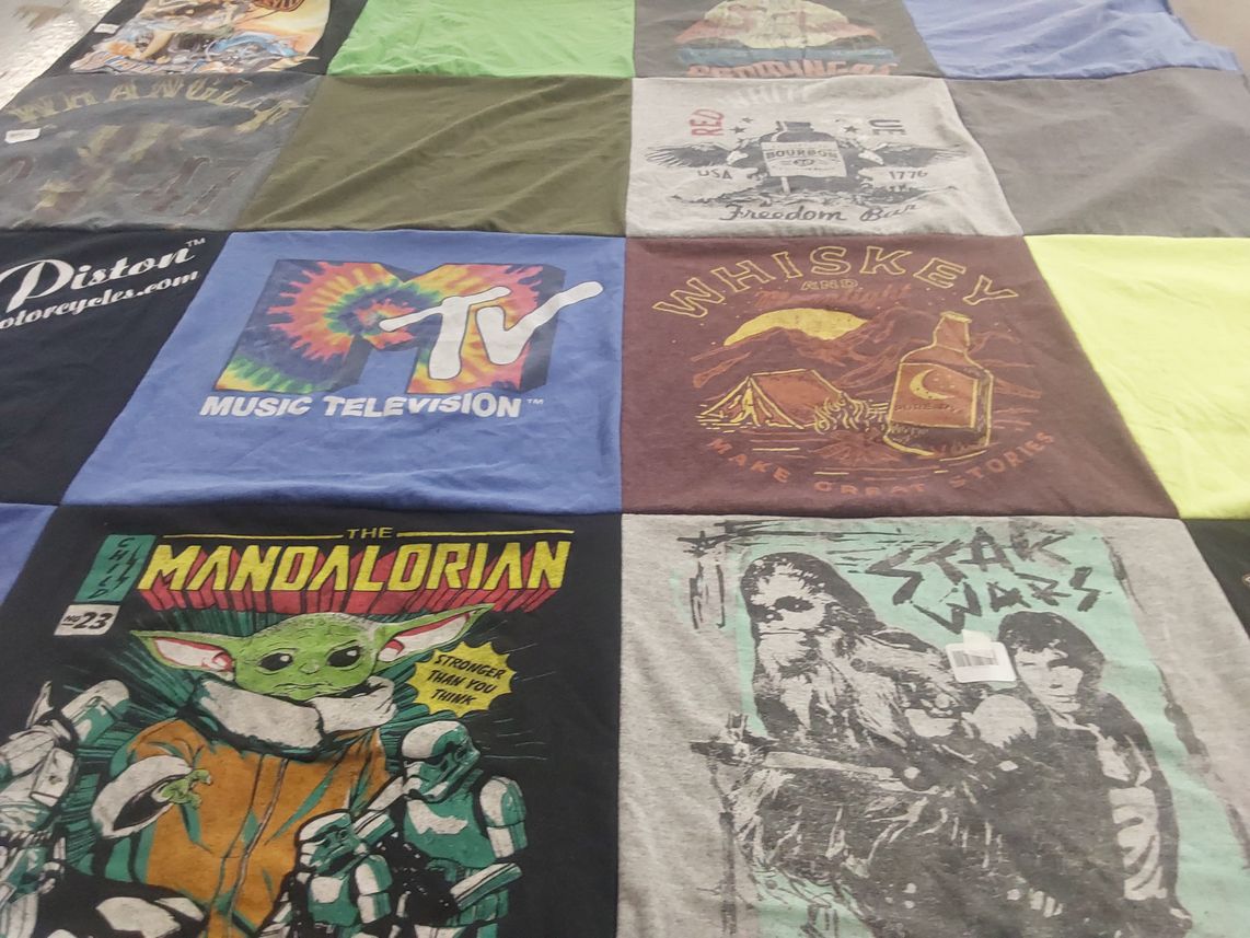 T-shirt quilt with tv shows, camping themes by Courtney from TX
