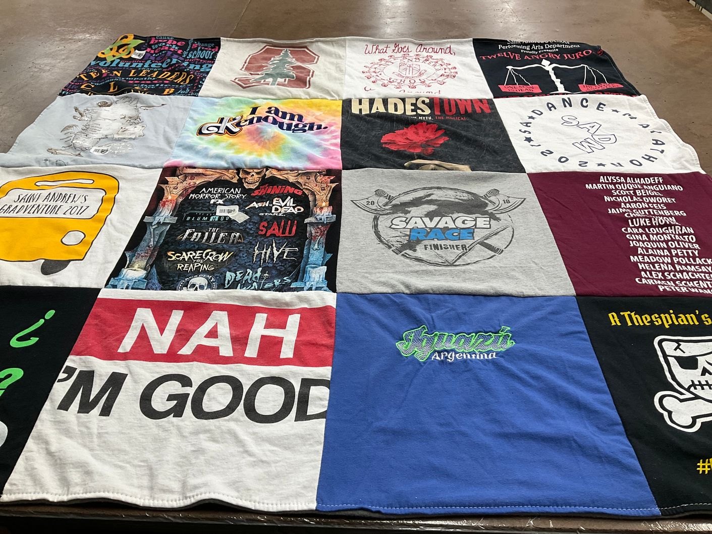 T-shirt quilt with theater, horror themes by Laura from FL