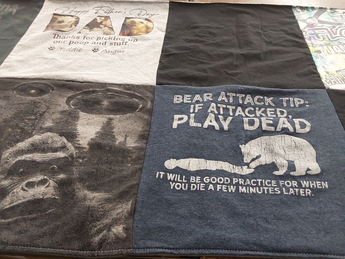 T-shirt quilt with animals, humor themes by Andrea from WA